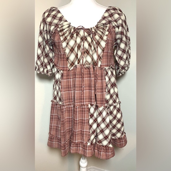 POL Boho Plaid Tiered Patchwork Tunic Peasant Puff Sleeves Women Small NWOT - Picture 1 of 5